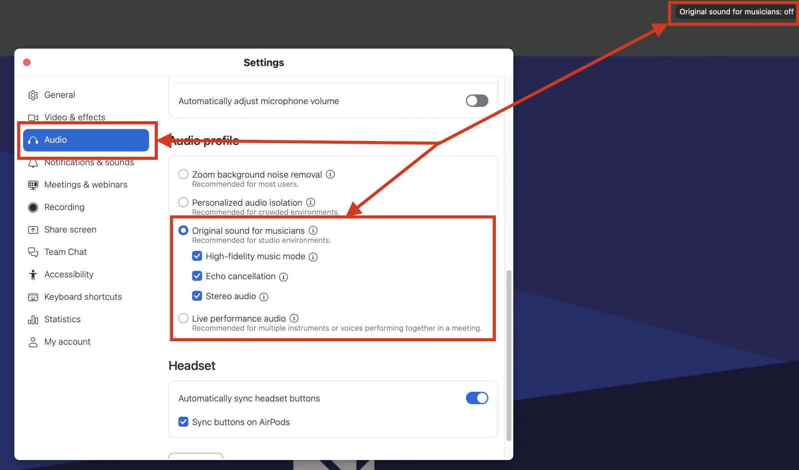 Zoom desktop audio settings with Original sound for musicians enabled